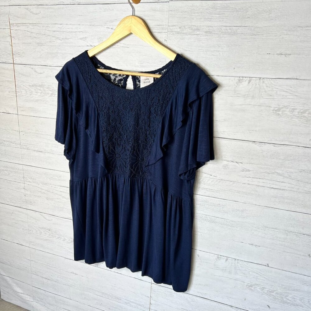 Knox Rose Blouse Womens Size XXL Navy Indigo Ink Floral Lace Babydoll Top - Picture 5 of 16